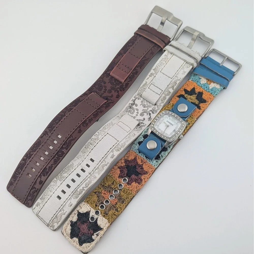 Fossil JR-8683 Women's MOP Watch Rhinestone Bezel Crochet Cuff 3 Straps Included
